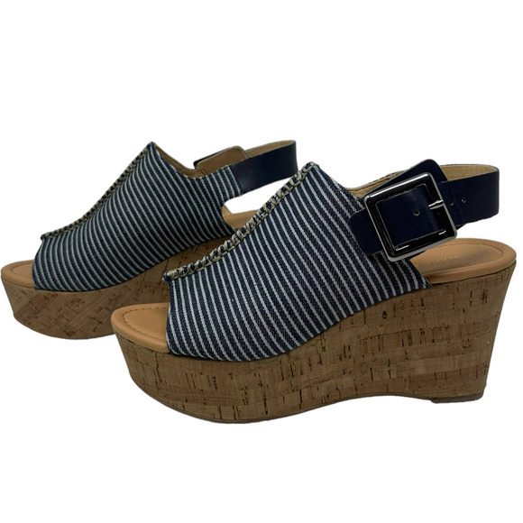 Marc Fisher Sinthya Blue Stripe Denim Cork Wedge Slingback Sandals 7.5 - Picture 1 of 11